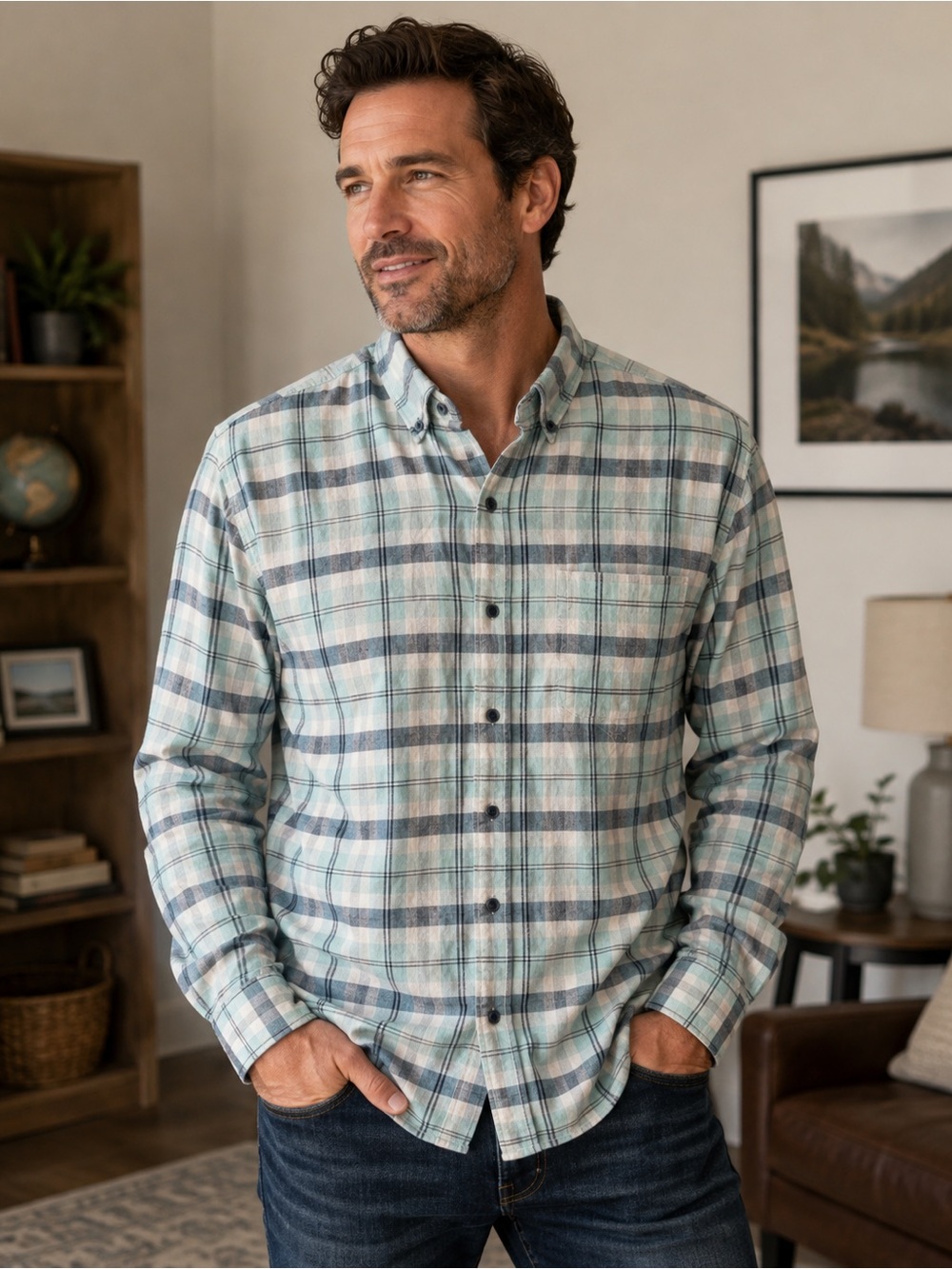 The Normal Brand Men's Mint and Gray Plaid Button-Down Shirt